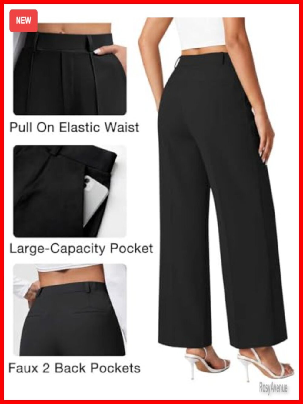 Wide Leg Dress Pants Stretchy Pull On High Waisted Slacks with Pockets - Picture 4 of 7